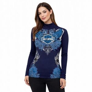 HARLEY-DAVIDSON top bead sequin lightweight open back long sleeve blue bikercore